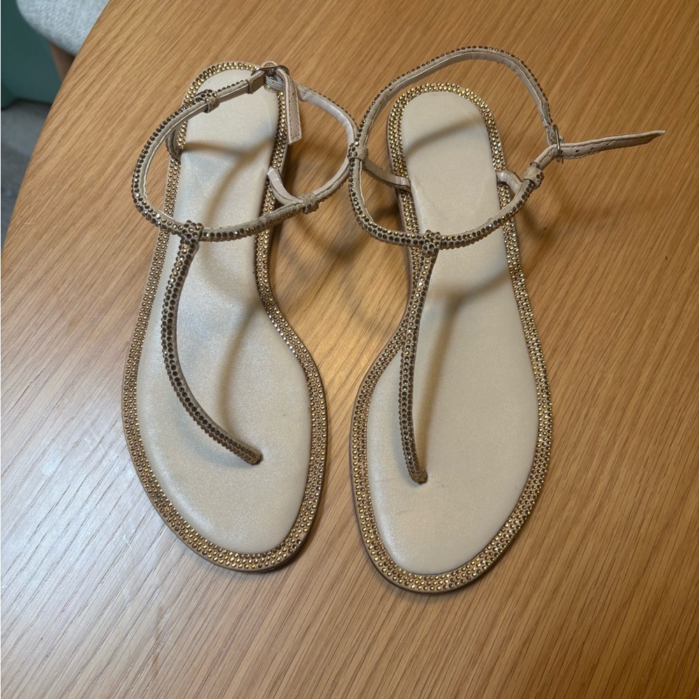 Rene Caovilla Women's Beige T-Strap Rhinestone Sandals